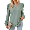 thumbnail image 1 of Blouses for Women Dressy Casual V-Neck Long Sleeve Womens Tops with Puff Sleeves Gray Green L, 1 of 8