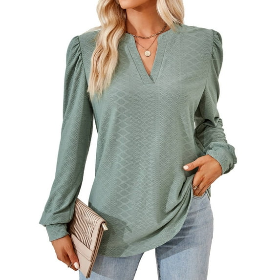 Blouses for Women Dressy Casual V-Neck Long Sleeve Womens Tops with Puff Sleeves Gray Green M