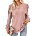 thumbnail image 1 of Blouses for Women Dressy Casual V-Neck Long Sleeve Womens Tops with Puff Sleeves Gray Pink M, 1 of 8