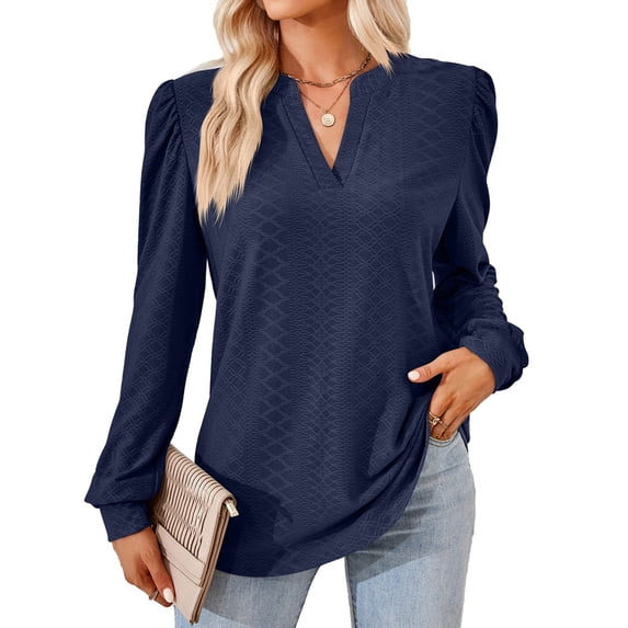 Blouses for Women Dressy Casual V-Neck Long Sleeve Womens Tops with Puff Sleeves Navy Blue S