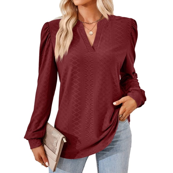 Blouses for Women Dressy Casual V-Neck Long Sleeve Womens Tops with Puff Sleeves Wine Red L