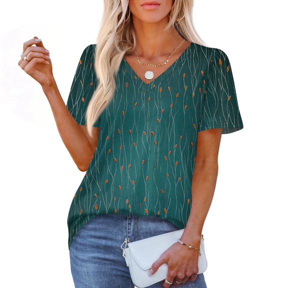 Blouses for Women Dressy Casual V Neck Pleated Shirts Summer Short Sleeve Boho Tunic Tops