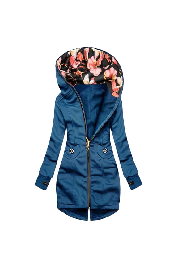 Blouses for Women Dressy Casual Winter Fall Slim Hooded Long-sleeved Cap One Shoulder Zipper Floral Leisure Polyester Jacket Outerwear(Navy,XXL)