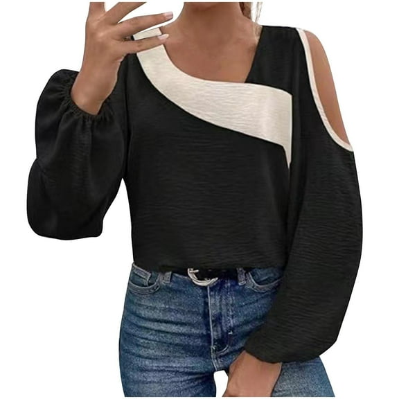 Blouses for Women Dressy Casual, Women's Cold Shoulder Colorblock Tops Long Sleeve Off Shoulder Casual Shirts Asymmetrical Blouse