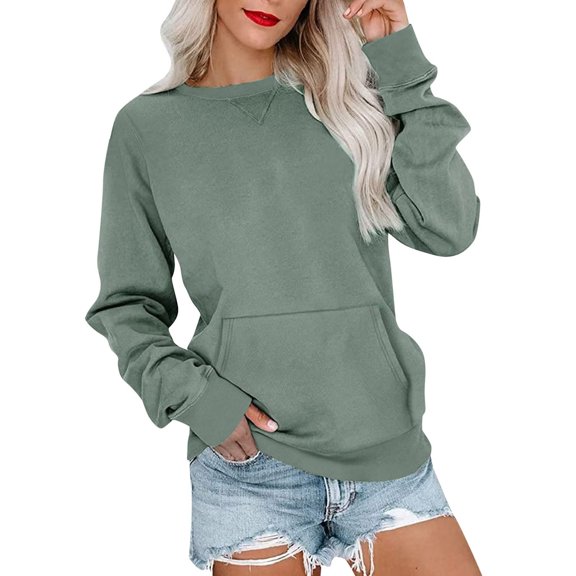 Blouses for Women Dressy Casual Women's Fashion Sweatshirt Round Neck Long Sleeve Solid Color Casual Loose Pullover Sweatshirt Sweater