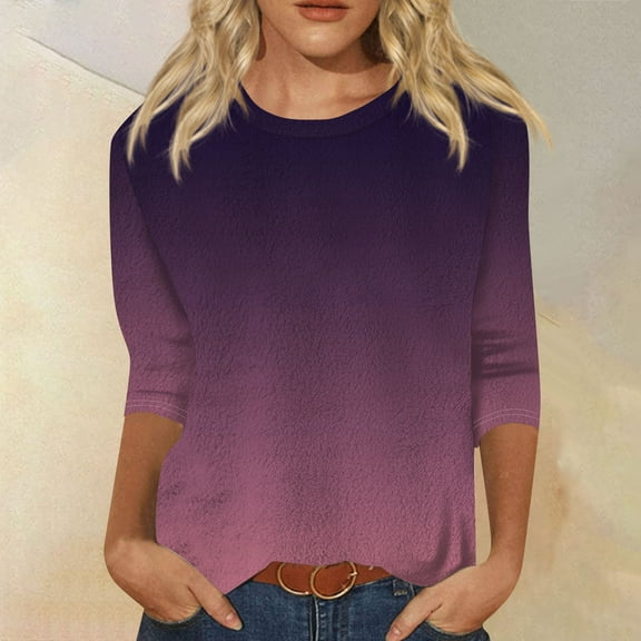 Blouses for Women Dressy Casual Women's Fashionable Casual Seven Quarter Sleeve Solid Color Round Neck Top