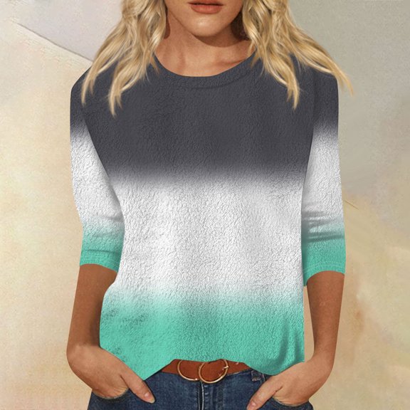 Blouses for Women Dressy Casual Women's Fashionable Casual Seven Quarter Sleeve Solid Color Round Neck Top