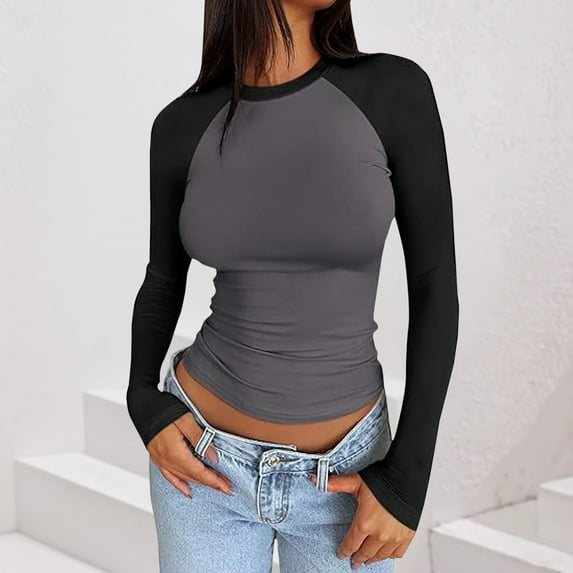 Blouses for Women Dressy Casual, Women's Long Sleeve Shirts Slim Fit Stretchy Color Block Slightly Cropped Tops