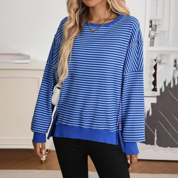 Blouses for Women Dressy Casual, Women's Oversized Striped Shirts Long Sleeve Crew Neck Split Hem T-Shirts Casual Color Block Fall Going Out Top 2025