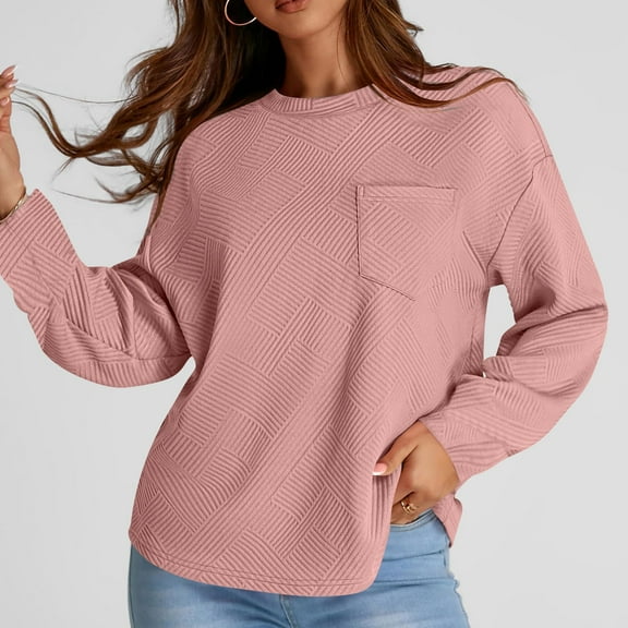 Blouses for Women Dressy Casual Women's Solid Color Casual Texture With Pockets Long Sleeved Sweatshirt Sweatshirt Round Neck Pullover Top