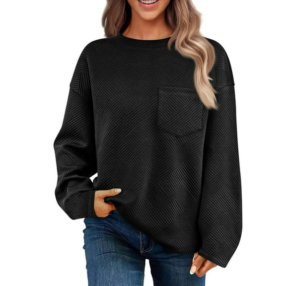Blouses for Women Dressy Casual Women's Solid Color Casual Texture With Pockets Long Sleeved Sweatshirt Sweatshirt Round Neck Pullover Top