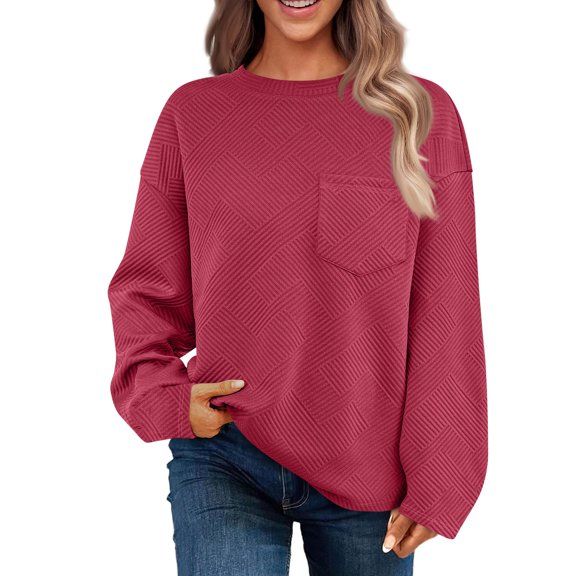 Blouses for Women Dressy Casual Women's Solid Color Casual Texture With Pockets Long Sleeved Sweatshirt Sweatshirt Round Neck Pullover Top
