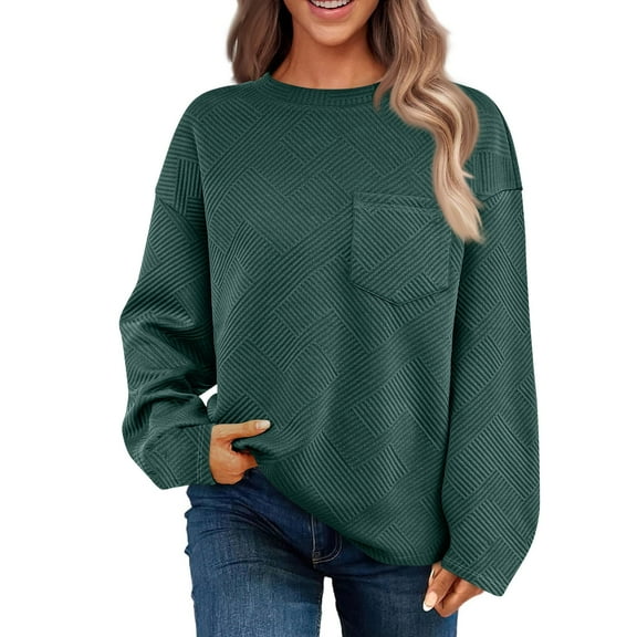 Blouses for Women Dressy Casual Women's Solid Color Casual Texture With Pockets Long Sleeved Sweatshirt Sweatshirt Round Neck Pullover Top