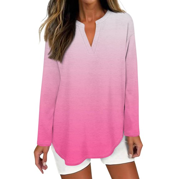 Blouses for Women Dressy Casual Women's T Shirt Tee Printed Long Sleeve Daily Weekend Fashion Basic V Neck Curved Hem Regular Top