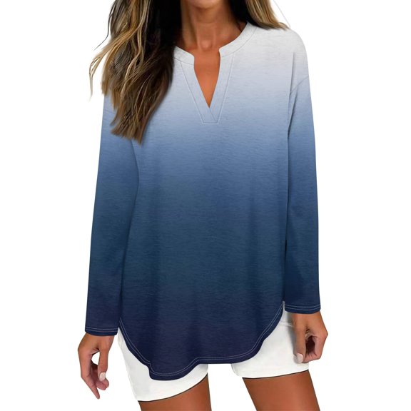 Blouses for Women Dressy Casual Women's T Shirt Tee Printed Long Sleeve Daily Weekend Fashion Basic V Neck Curved Hem Regular Top