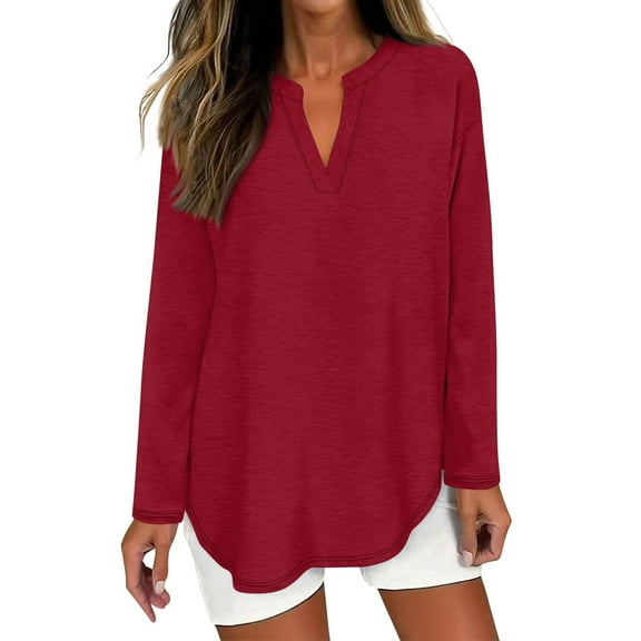 Blouses for Women Dressy Casual Women's T Shirt Tee Solid Color Long Sleeve Daily Weekend Fashion Basic V Neck Curved Hem Regular Top
