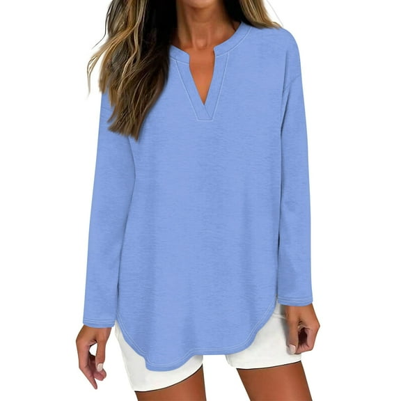 Blouses for Women Dressy Casual Women's T Shirt Tee Solid Color Long Sleeve Daily Weekend Fashion Basic V Neck Curved Hem Regular Top