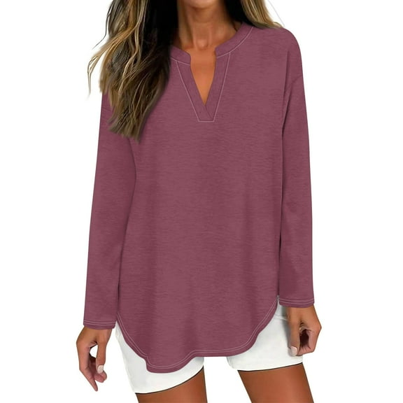 Blouses for Women Dressy Casual Women's T Shirt Tee Solid Color Long Sleeve Daily Weekend Fashion Basic V Neck Curved Hem Regular Top