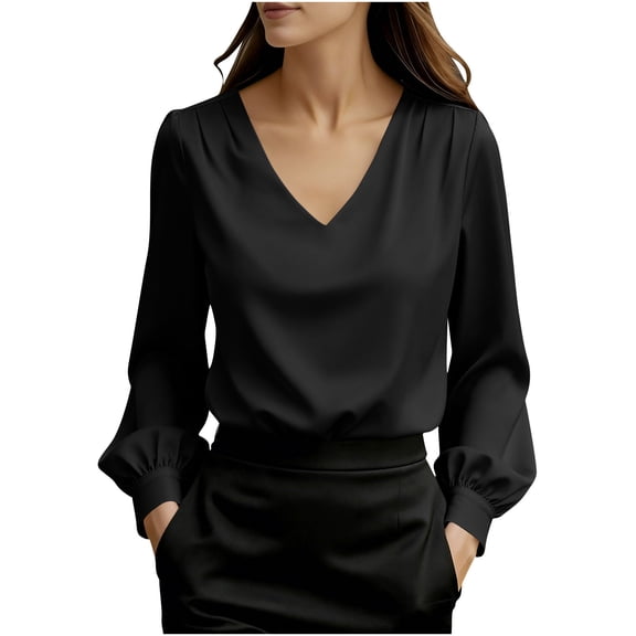 Blouses for Women Dressy V Neck Work Satin Shirts Loose Elegant Long Sleeve Business Casual Tops Spring Summer Outfits Solid Color Top