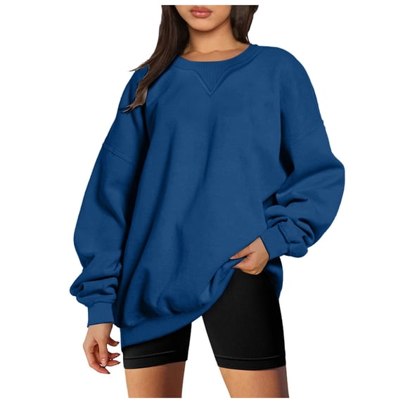 Blouses for Women Dressy Winter Oversized Crewneck Long-sleeved Dolman Drop Shoulder with Pocket Plain Leisure Cotton Sweatshirt Sweatshirts(Navy,L)