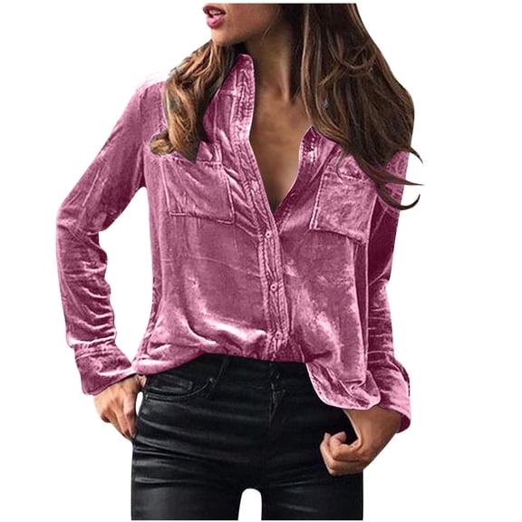 Blouses for Women Fashion Button Down Blouse Elegant Velvet Long Sleeve Blouse Casual V Neck Blouse T Shirt Tops