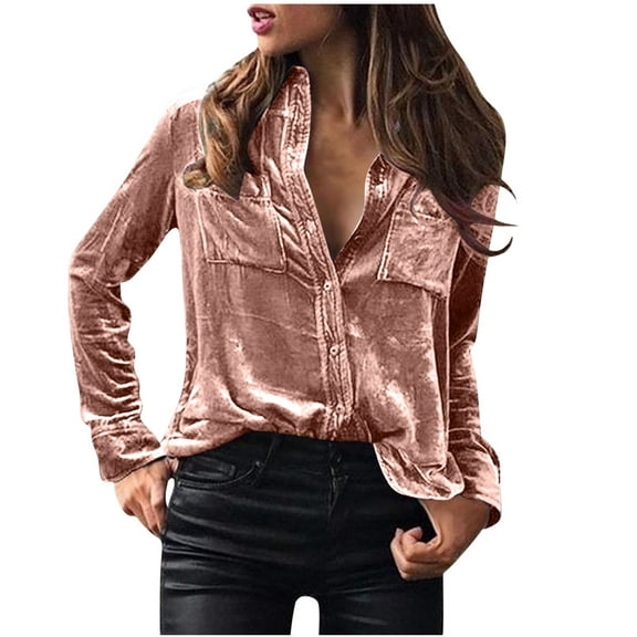 Blouses for Women Fashion Button Down Blouse Elegant Velvet Long Sleeve Blouse Casual V Neck Blouse T Shirt Tops