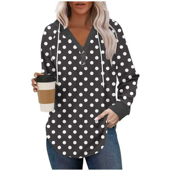 Blouses for Women Fashion Long Sleeve Polka Dots Loose Summer Tops Comfy Loose Fit V-Neck Tunic Tops Dress Shirts for Women