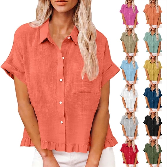 Blouses for Women Fashion Spring Clothing Fabric Solid Color Front Pocket Hem Fringe Short Sleeve Flared Collar Top