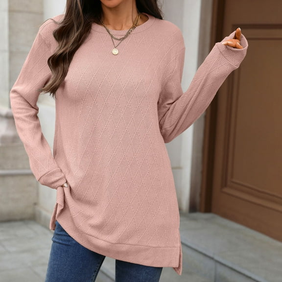 Blouses for Women Fashion Women's Solid Color Long Sleeved Round Neck Loose Slit Fall And Winter Top, Women Fall Clothes