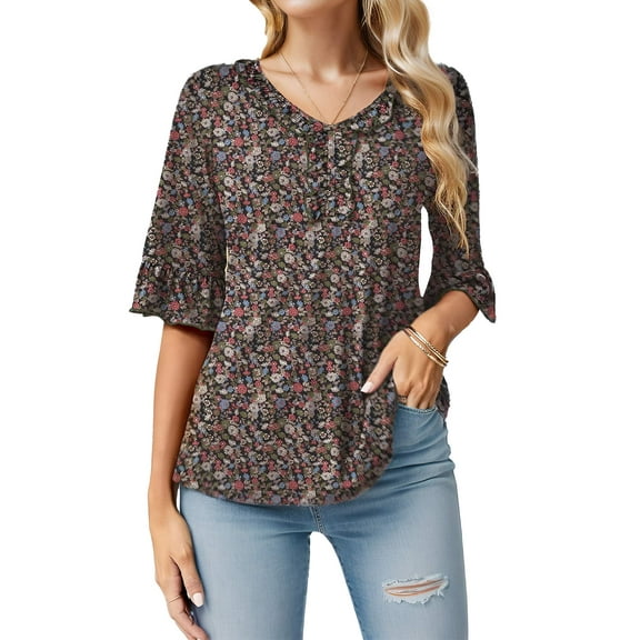 Blouses for Women Floral Print V Neck Ruffle 3/4 Short Sleeve Shirts Casual Summer Tops for Womens Clothes Casual Loose T Shirts Fashion Out Tee