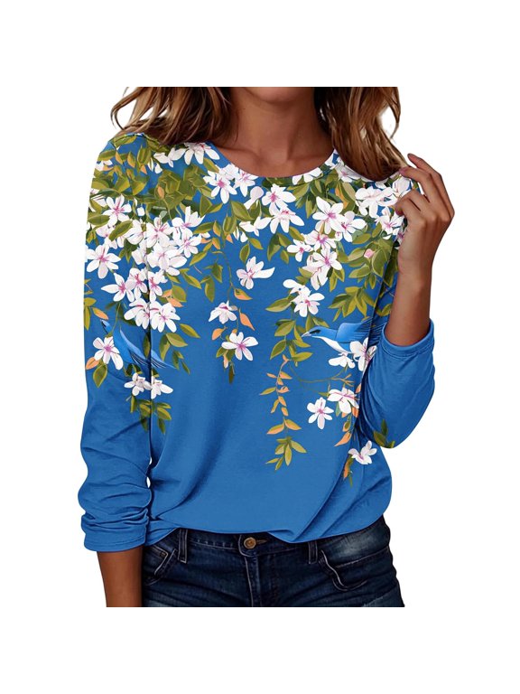 Blouses for Women Floral Shirts Round Neck Printed Long Sleeve Top Loose Casual Pullover Blouse