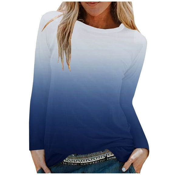 Blouses for Women Gradient Crew Neck Long Sleev Print Casual Fashion Round Neck T Shirt Blouse