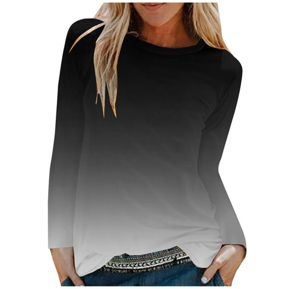 Blouses for Women Gradient Crew Neck Long Sleev Print Casual Fashion Round Neck T Shirt Blouse