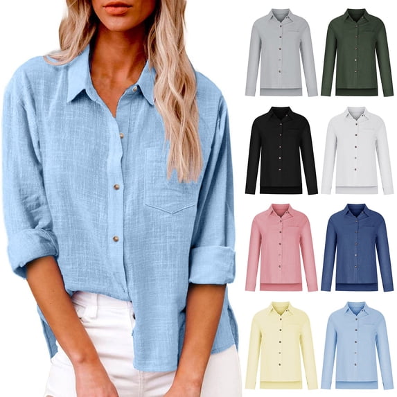 Blouses for Women Lapel Collared Dressy Fashion Work Shirts 3/4 Sleeve Spring Button Down Solid Color Business Tops