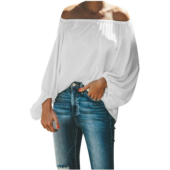 Blouses for Women Long Lantern Sleeve Summer Fashion Off Shoulder Plain Top T Shirts Flowy Tunics Spring Womens Clothes