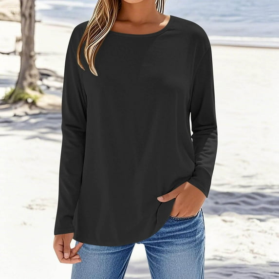 Blouses for Women Long Sleeve Women's Fashion Fallow Solid Color Round Neck Long Sleeves T-Shirt Top, Fall Clothes