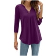 thumbnail image 1 of Blouses for Women New Ladies' Casual Solid Color Waist Cinched 3/4 Sleeve V-Neck Top/Shirt Purple L, 1 of 8