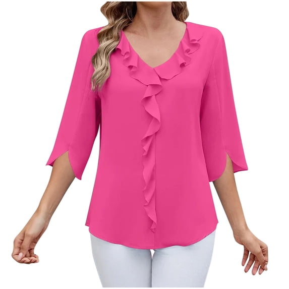 Blouses for Women New Women's Mid Sleeved Solid Color V-Neck Shirt with Pleated Ruffle Edges Fashionable and Loose Women's Top Hot Pink Xxl