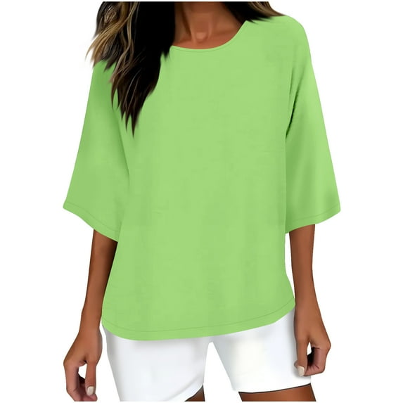 Blouses for Women New Women's Solid Color Crew Neck Shirt 3/4 Sleeve Casual Green L