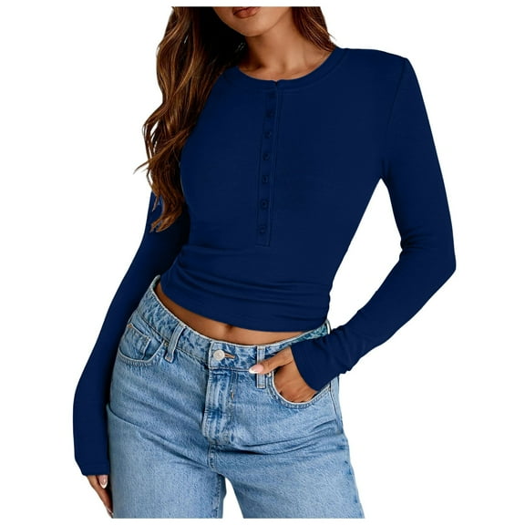 Blouses for Women Novelty Solid Color Sexy Button V-Neck Long Sleeve Tunic Shirts Stretch Slim Fit Workout Pullover Tees