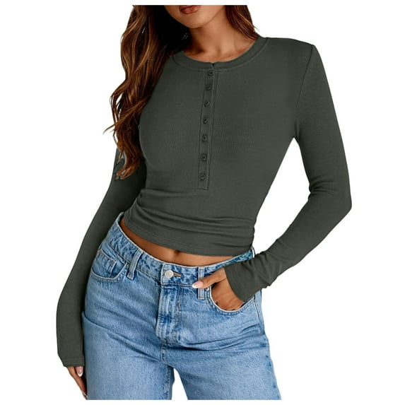 Blouses for Women Novelty Solid Color Sexy Button V-Neck Long Sleeve Tunic Shirts Stretch Slim Fit Workout Pullover Tees