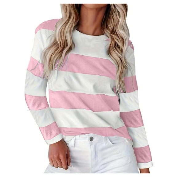 Blouses for Women Novelty Trendy Striped Color Block Long Sleeved Crew Neck Tunics Stretch Comfy Relaxed Fit 2025 Basic Tees
