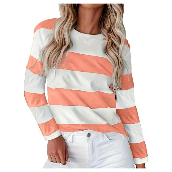 Blouses for Women Novelty Trendy Striped Color Block Long Sleeved Crew Neck Tunics Stretch Comfy Relaxed Fit 2025 Basic Tees