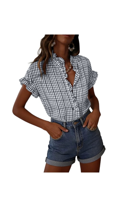 Blouses for Women Plaid Pattern Short Sleeve Button V-neck Pullover Dressy Casual Summer Peplum Tops for Buiness Work,Size S-2XL