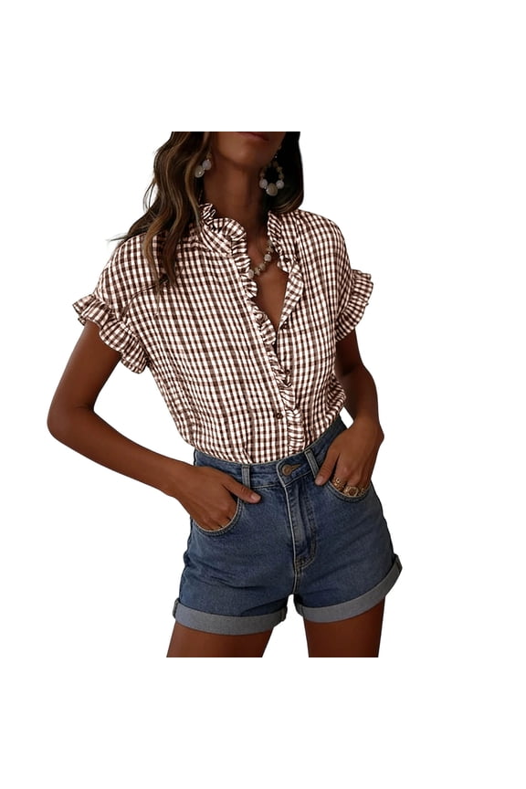 Blouses for Women Plaid Pattern Short Sleeve Button V-neck Pullover Dressy Casual Summer Peplum Tops for Buiness Work,Size S-2XL