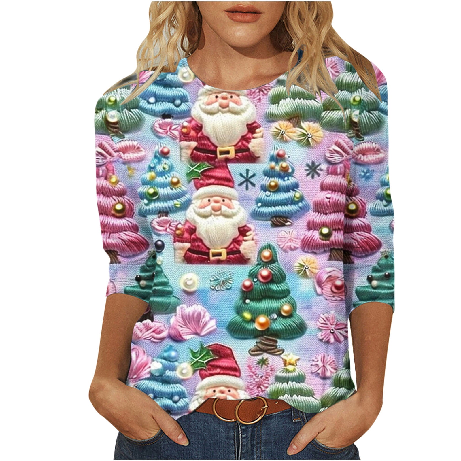 Blouses for Women Plus Size Christmas Trees Short Sleeve VNeck