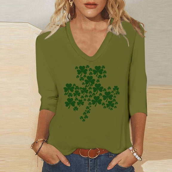 Blouses for Women Plus Size Fashion St. Patrick's Day Printed 3/4 Sleeve V-Neck Blouse