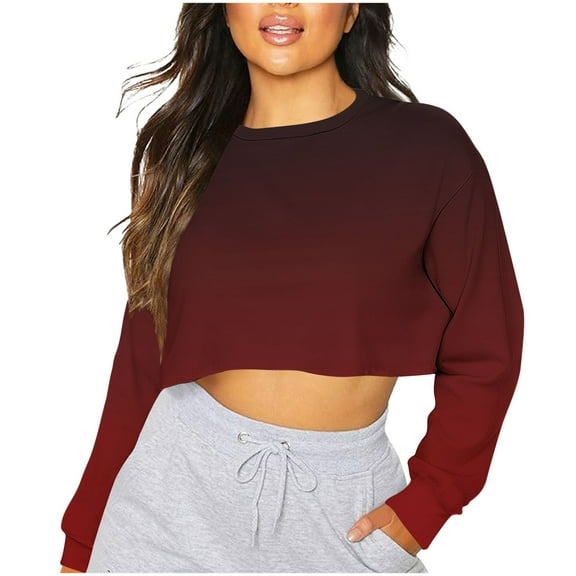Blouses for Women Plus Size New Crop Sweatshirts for Women Fashion Cute Pullover Long Sleeve Gradient Comfy Trendy Casual Round Neck Tops Wine XL