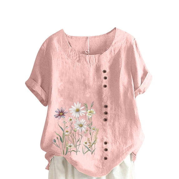 Blouses for Women Plus Size Round Neck Casual Linen Print Short Sleeve Button Tunic Pullover Tops