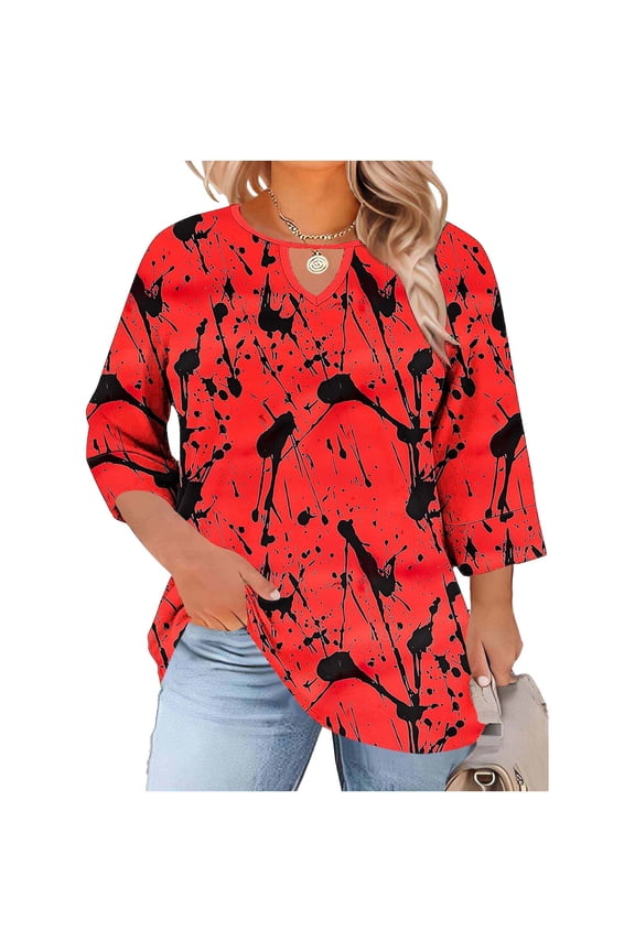 Blouses for Women Plus Size,Womens Plus Size Tops 3/4 Length Sleeve Shirts Casual Keyhole Neck T Shirts Loose Summer Blouses